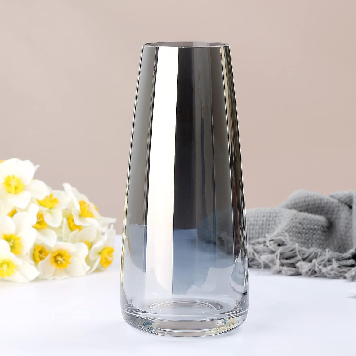 Jarrón de Cristal Grande Gris Ahumado para Decoración del Hogar y la Oficina