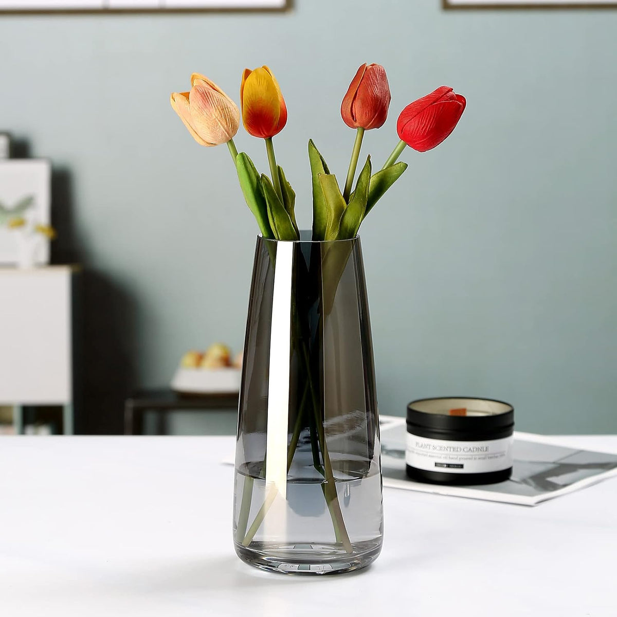 Jarrón de Cristal Grande Gris Ahumado para Decoración del Hogar y la Oficina