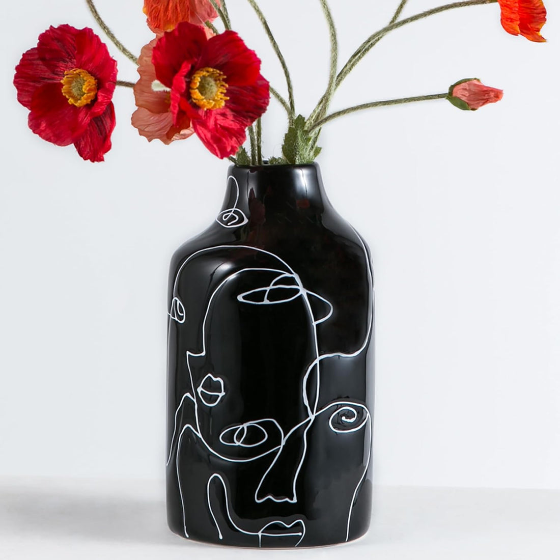 Jarrón de Cerámica Negro con Diseño Abstracto para Decoración del Hogar y la Oficina