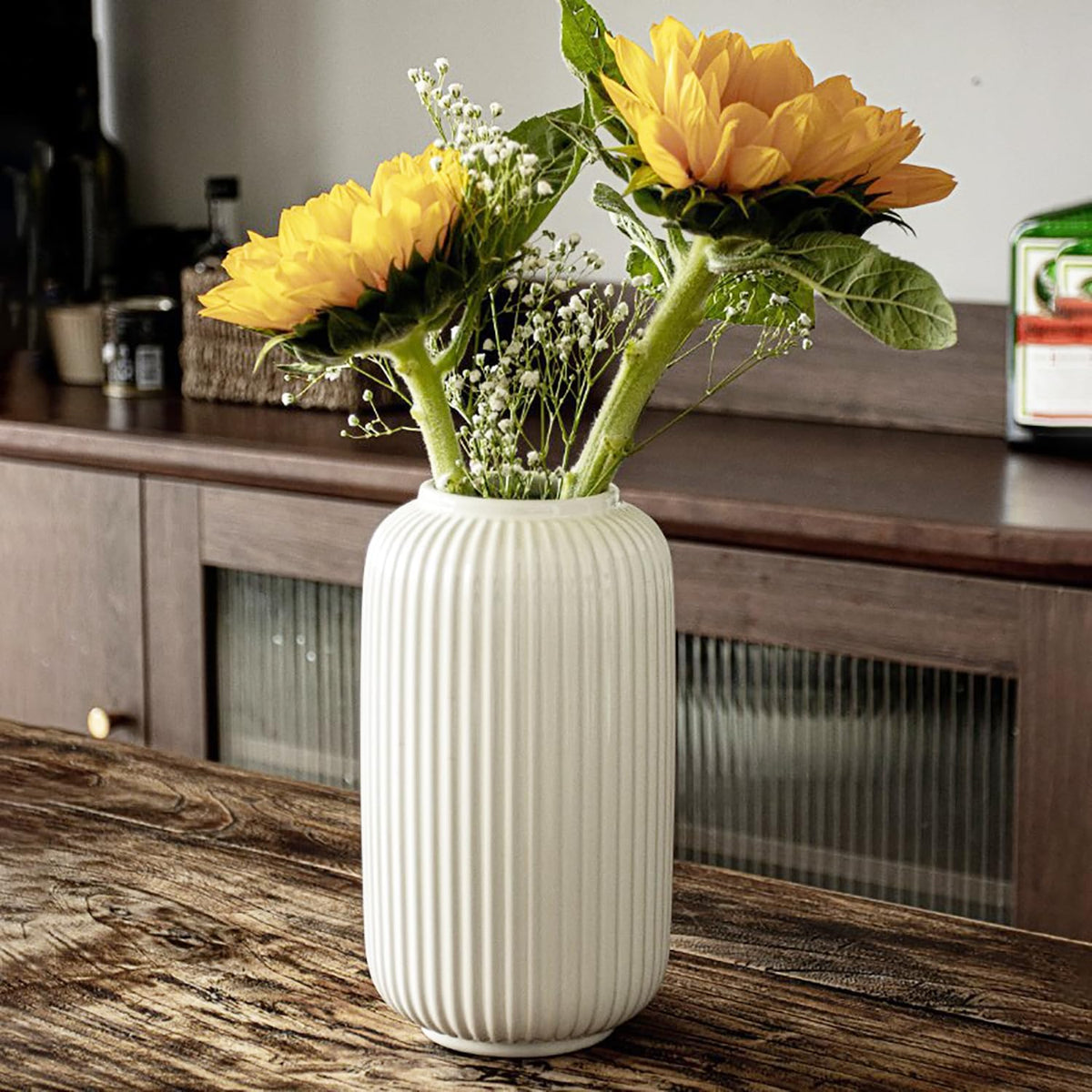 Jarrón de Cerámica Blanco Acanalado de 20 cm para Decoración del Hogar