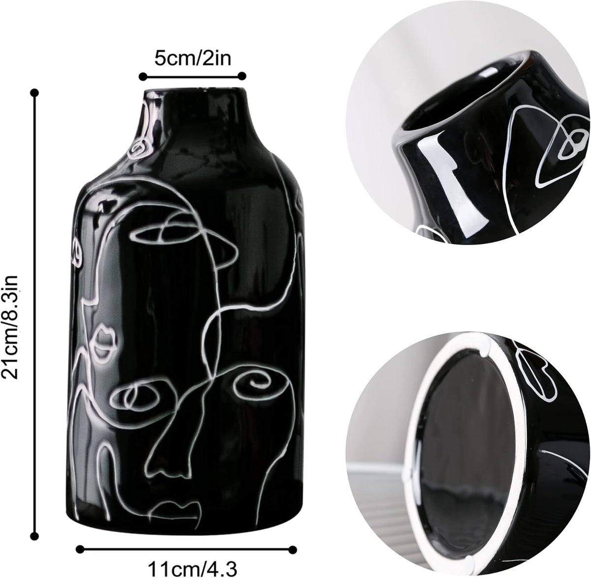 Jarrón de Cerámica Negro con Diseño Abstracto para Decoración del Hogar y la Oficina
