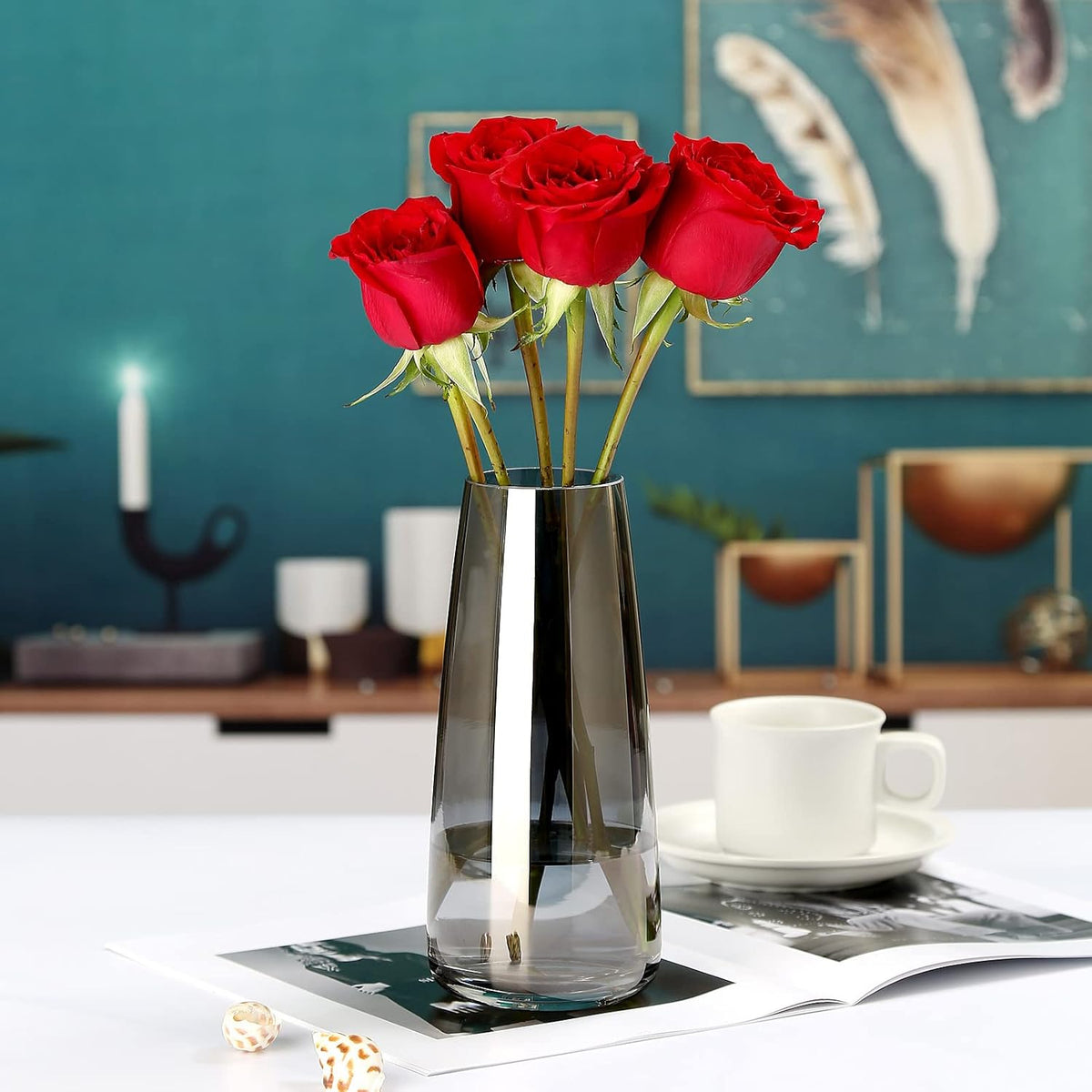 Jarrón de Cristal Grande Gris Ahumado para Decoración del Hogar y la Oficina