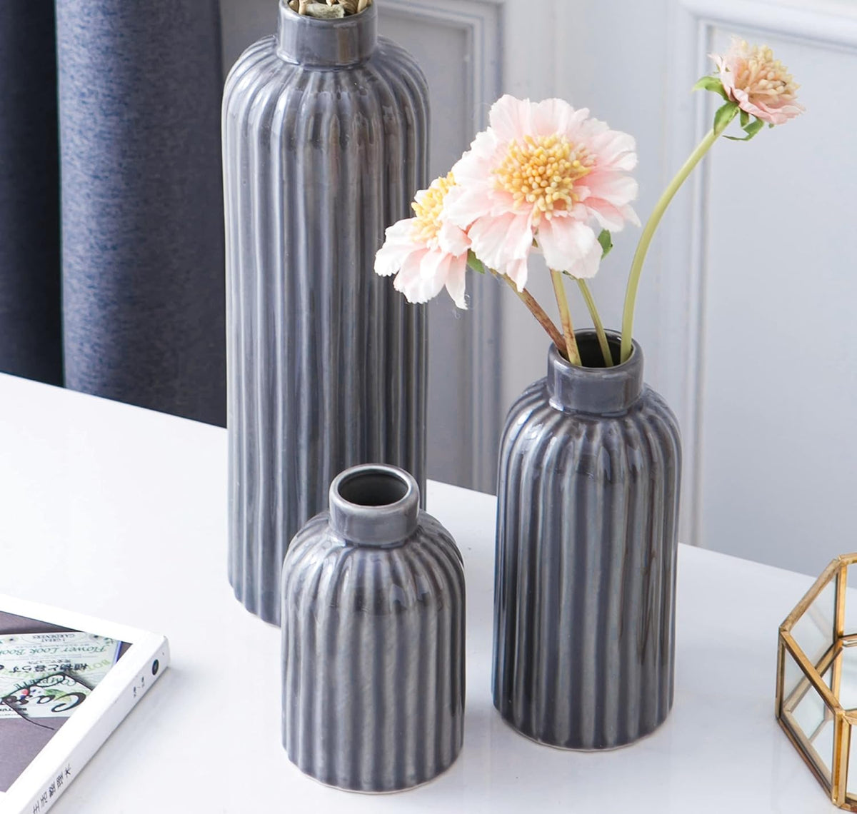 Set de 3 Jarrones de Cerámica Esmaltada en Azul para Bodas y Decoración del Hogar