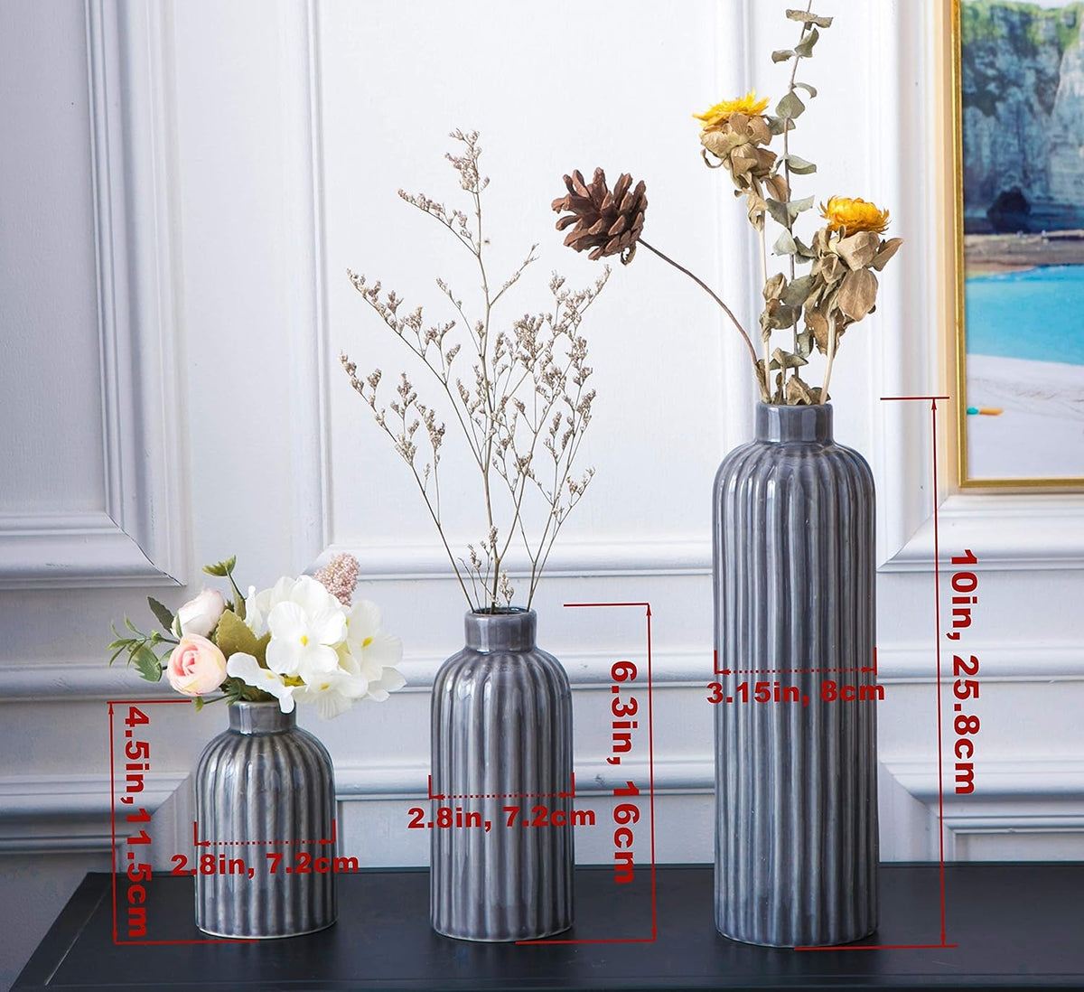 Set de 3 Jarrones de Cerámica Esmaltada en Azul para Bodas y Decoración del Hogar