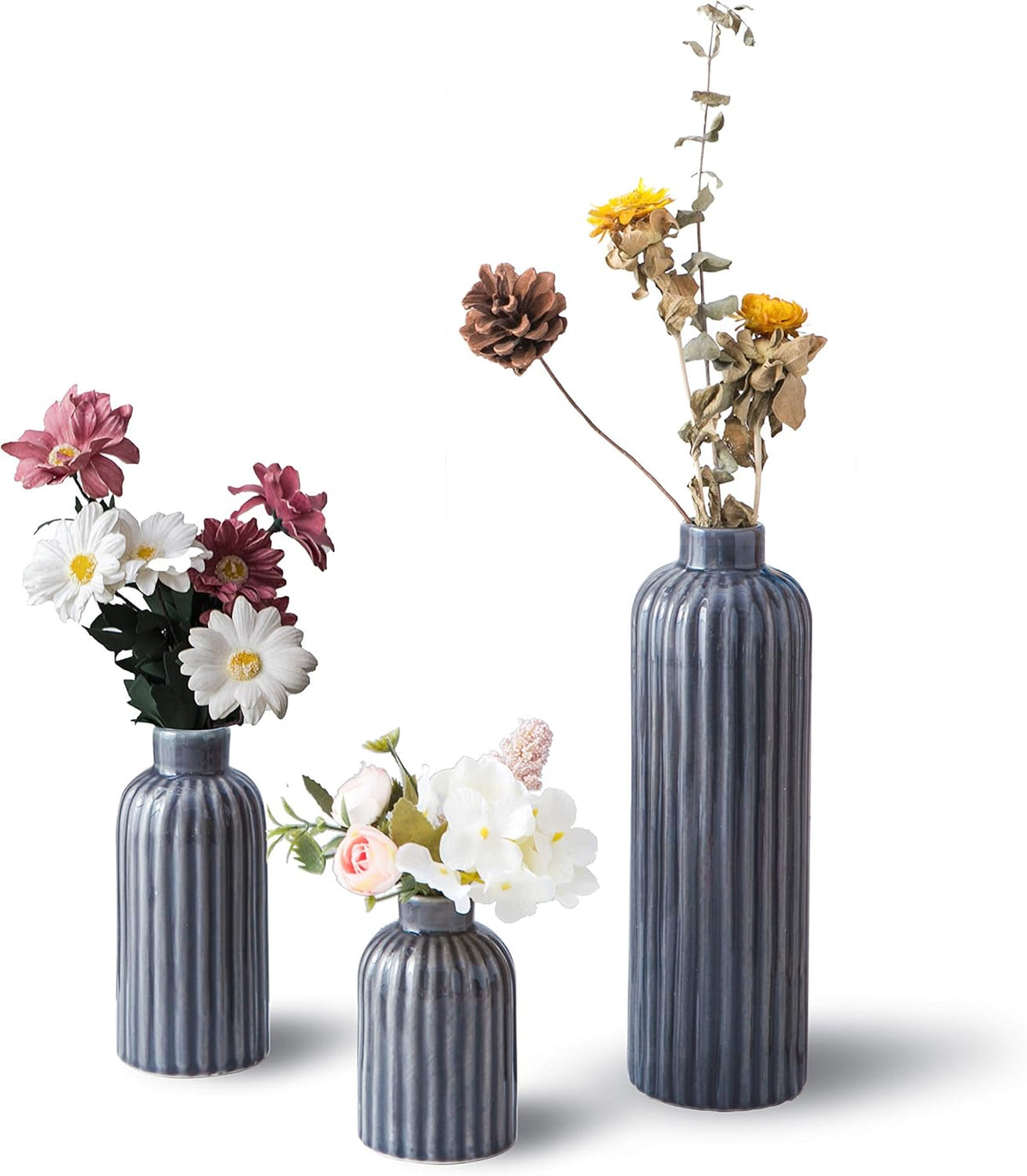 Set de 3 Jarrones de Cerámica Esmaltada en Azul para Bodas y Decoración del Hogar