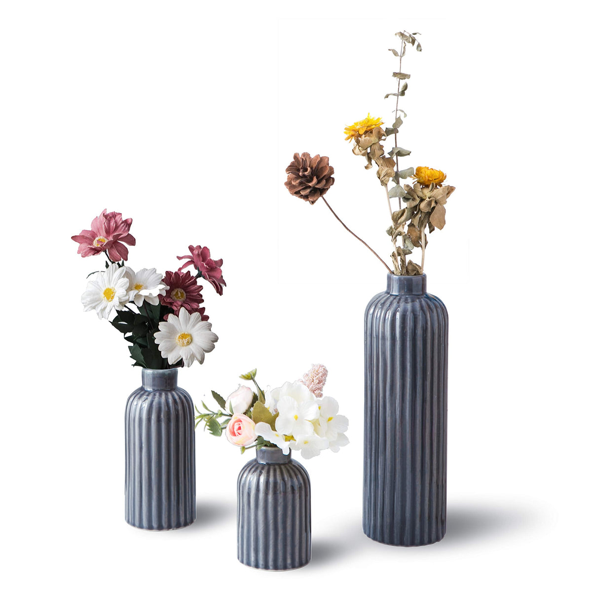 Set de 3 Jarrones de Cerámica Esmaltada en Azul para Bodas y Decoración del Hogar