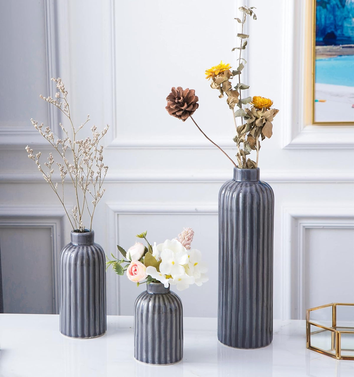 Set de 3 Jarrones de Cerámica Esmaltada en Azul para Bodas y Decoración del Hogar