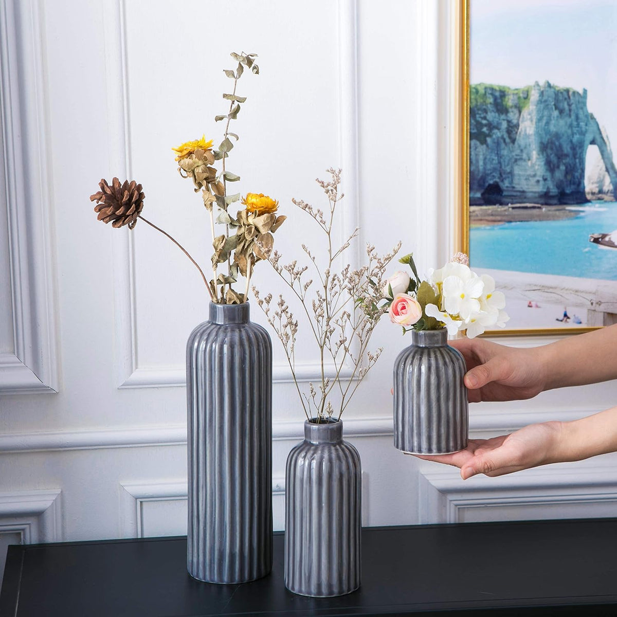 Set de 3 Jarrones de Cerámica Esmaltada en Azul para Bodas y Decoración del Hogar